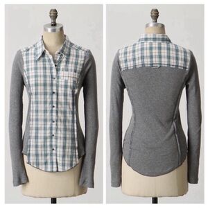 Tiny Anthropologie shirt blue gray plaid button up mixed media ribbed distress